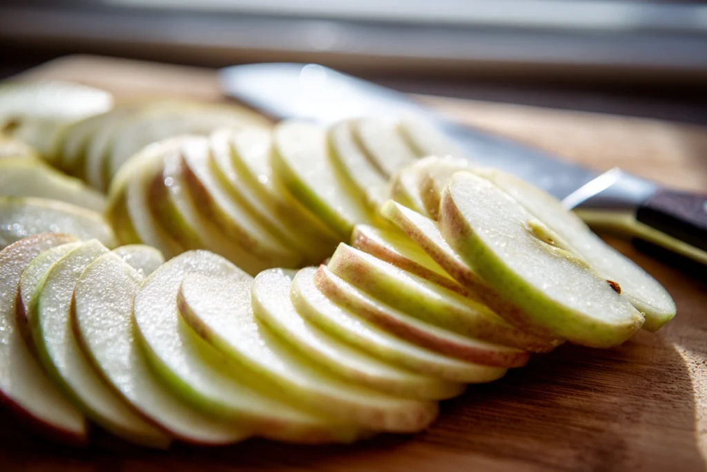 Thin apple slices on board prepared for apple slice bake cookies