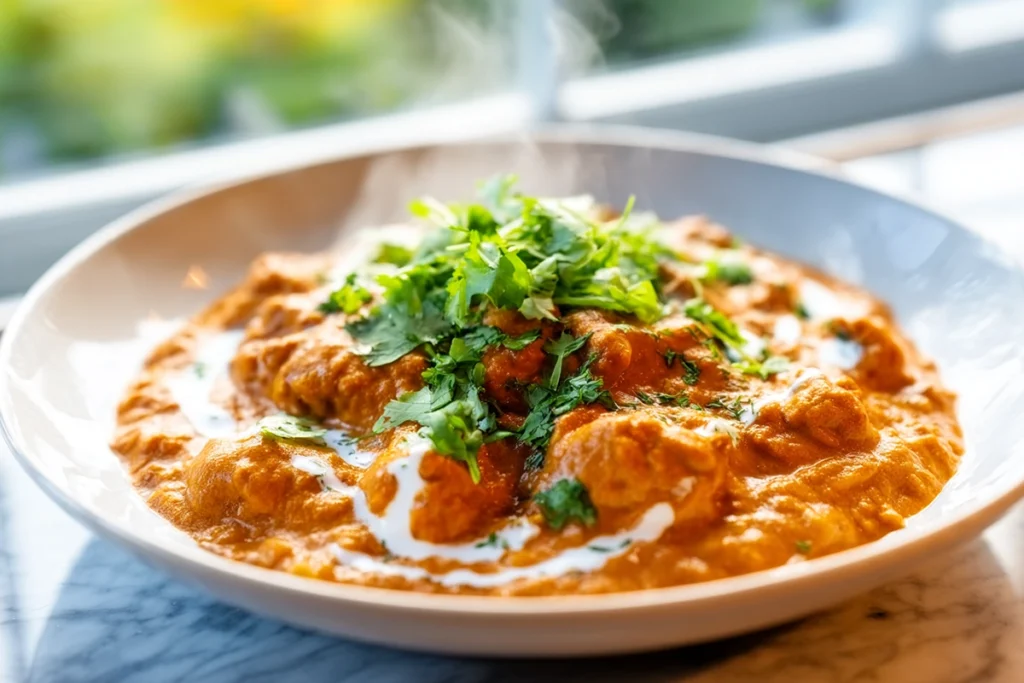 photorealistic quick butter chicken plated with creamy sauce in modern kitchen