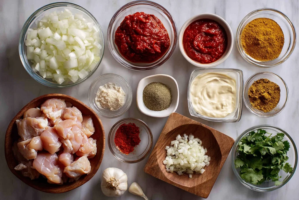overhead ingredients layout for quick butter chicken arranged on modern kitchen counter