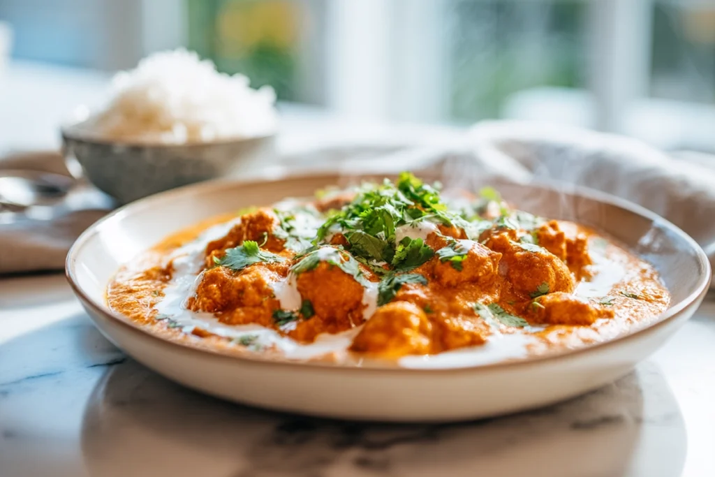 bowl of quick butter chicken served with rice in modern kitchen natural light