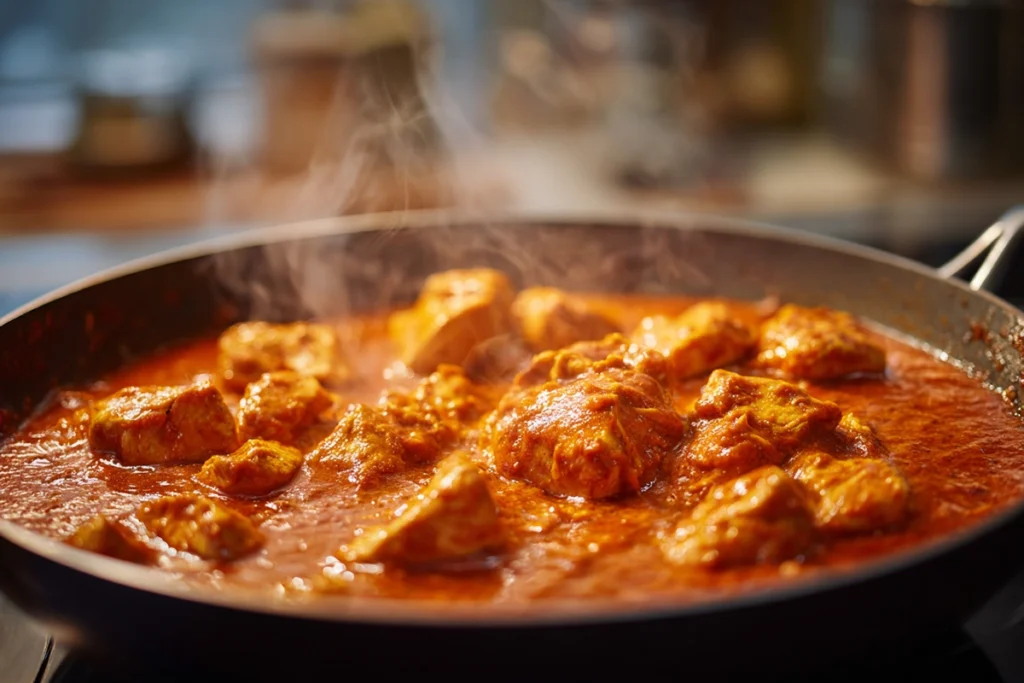 chicken simmering in creamy tomato sauce for quick butter chicken recipe
