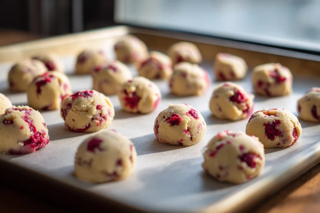 scooped raspberry cookie dough chilling on parchment-lined baking sheet