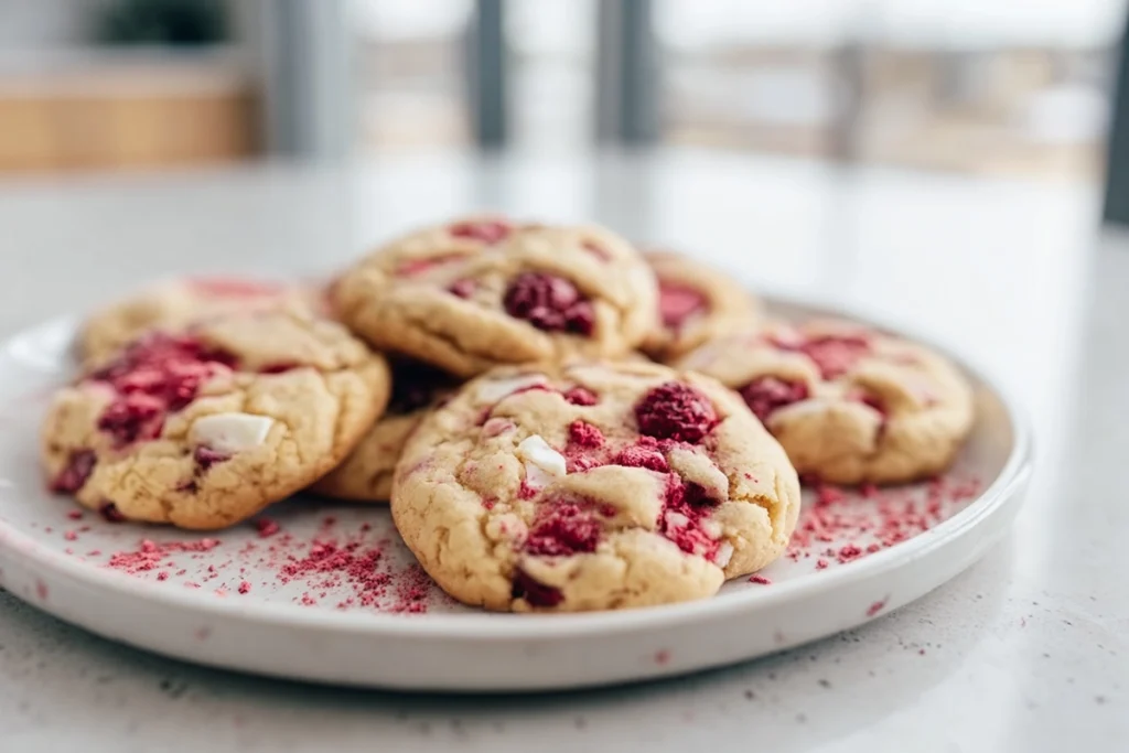 photorealistic raspberry cookies hero shot on modern kitchen counter