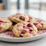photorealistic raspberry cookies hero shot on modern kitchen counter