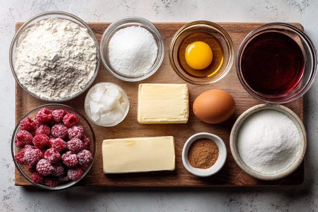 overhead raspberry cookies ingredients flatlay in small bowls and boards