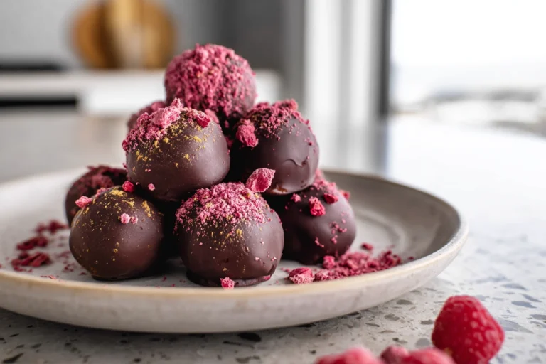 raspberry truffles plated on a modern plate with cocoa powder