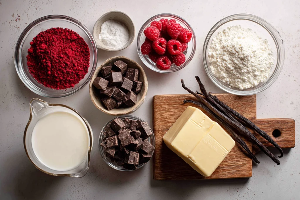 ingredients for raspberry truffles arranged neatly on a counter