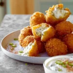 finished rattlesnake bites on a white plate with dipping sauce