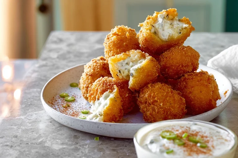 finished rattlesnake bites on a white plate with dipping sauce
