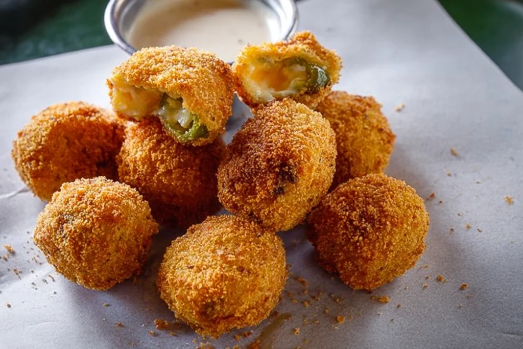 plated rattlesnake bites served with dipping sauce in modern kitchen