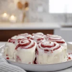 Finished red velvet cinnamon rolls on a plate in a modern kitchen