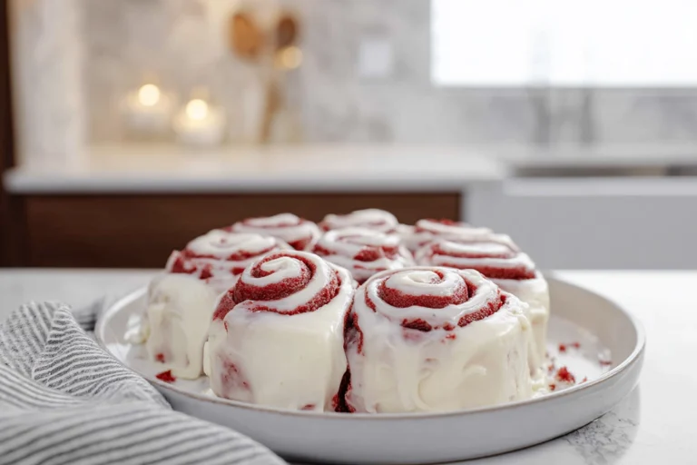 Finished red velvet cinnamon rolls on a plate in a modern kitchen