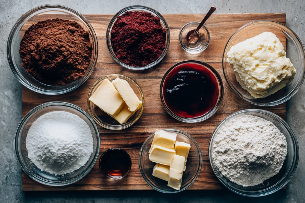 Overhead shot of ingredients for red velvet cinnamon rolls arranged neatly on a counter