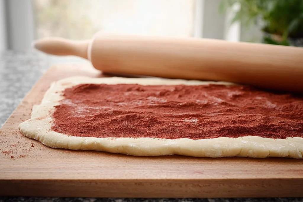 Rolled-out red velvet cinnamon roll dough with cinnamon filling applied