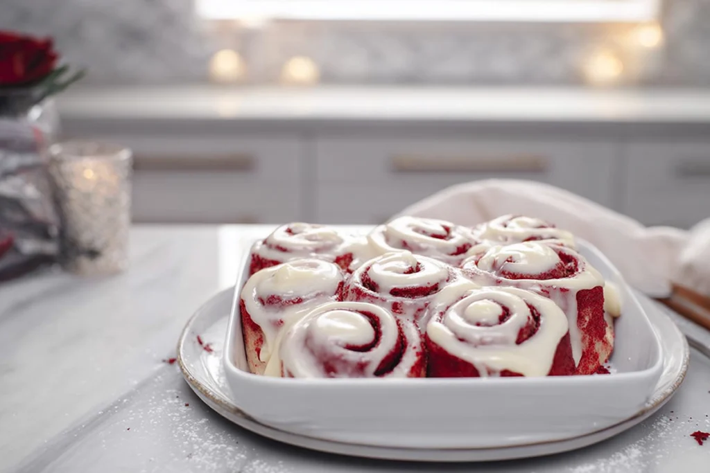 Red velvet cinnamon rolls served on a platter in a modern kitchen
