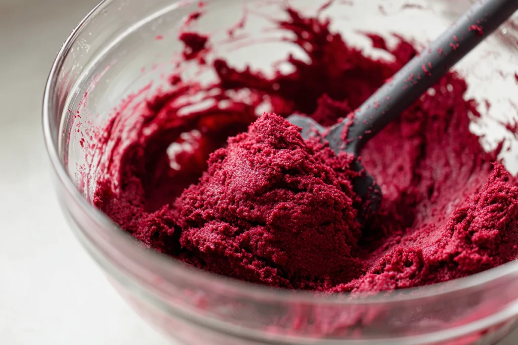 red velvet crinkle cookies dough mixed to a smooth texture