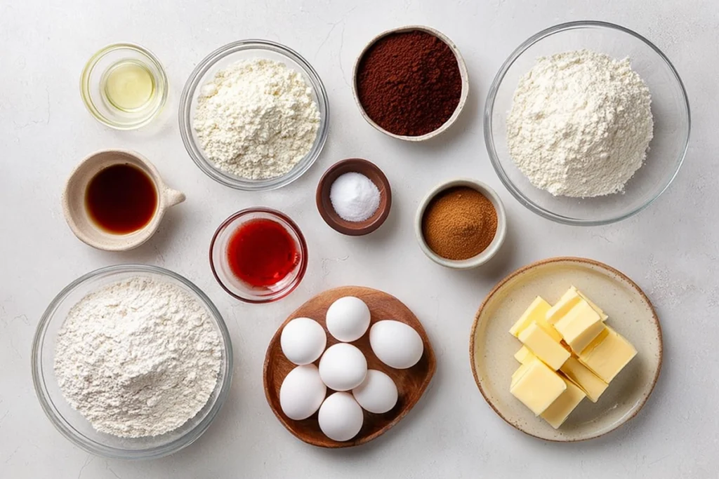 ingredients for red velvet crinkle cookies arranged neatly on a kitchen counter
