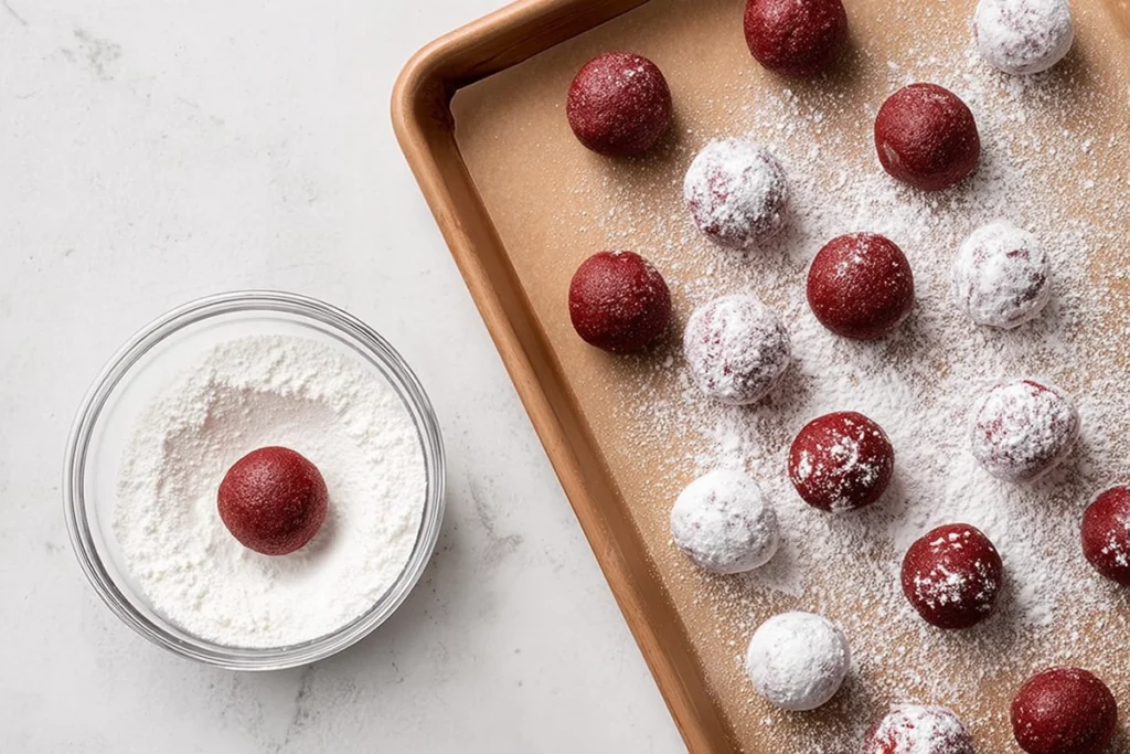 red velvet crinkle cookies dough balls rolled in powdered sugar