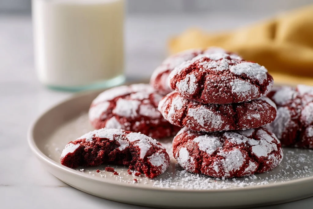 red velvet crinkle cookies served on a plate with soft fudgy centers