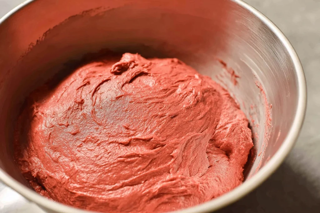 Dough for red velvet cinnamon rolls being mixed in a bowl