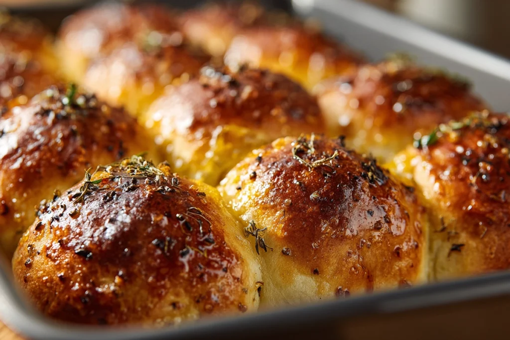 Butter topping brushed on Reuben Sliders before baking