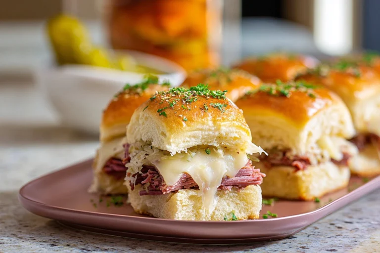 Reuben Sliders baked with corned beef, Swiss cheese, and sauerkraut