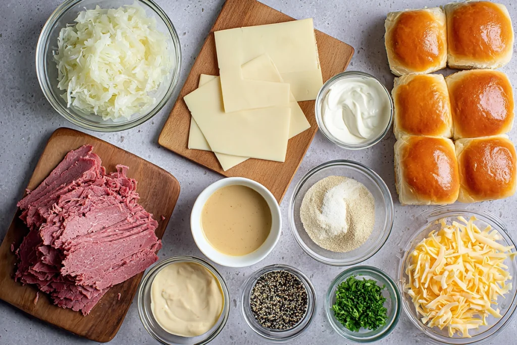 Ingredients for Reuben Sliders including corned beef, Swiss cheese, and sauerkraut