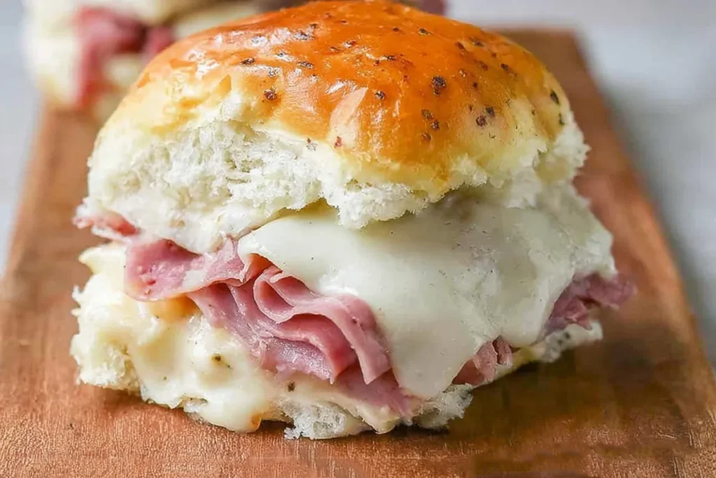 Reuben sliders ingredients layered in a baking pan with corned beef Swiss cheese and sauerkraut