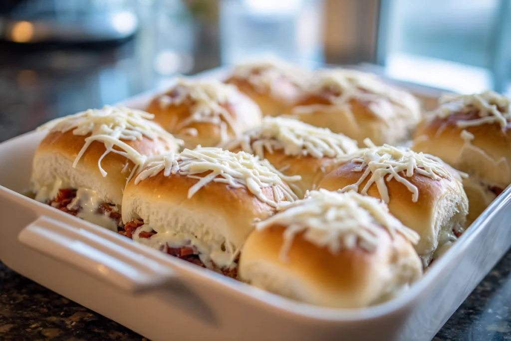 Layering corned beef and Swiss cheese for Reuben Sliders before baking
