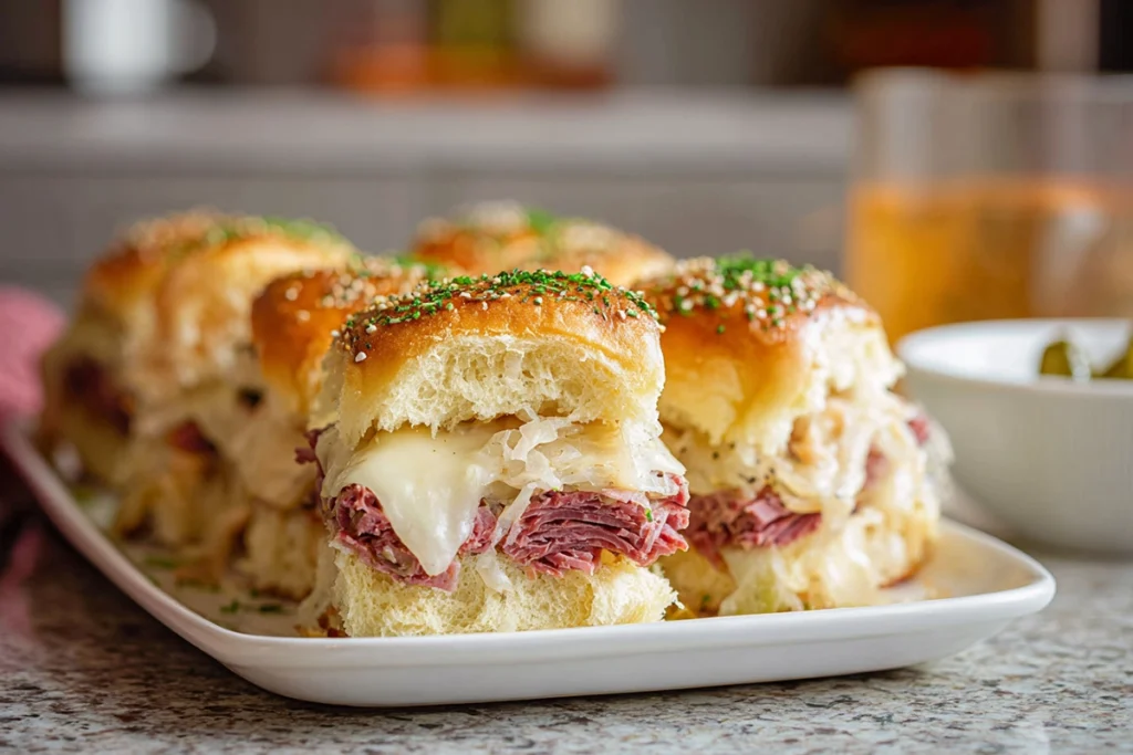 Reuben Sliders served warm with melted cheese and corned beef