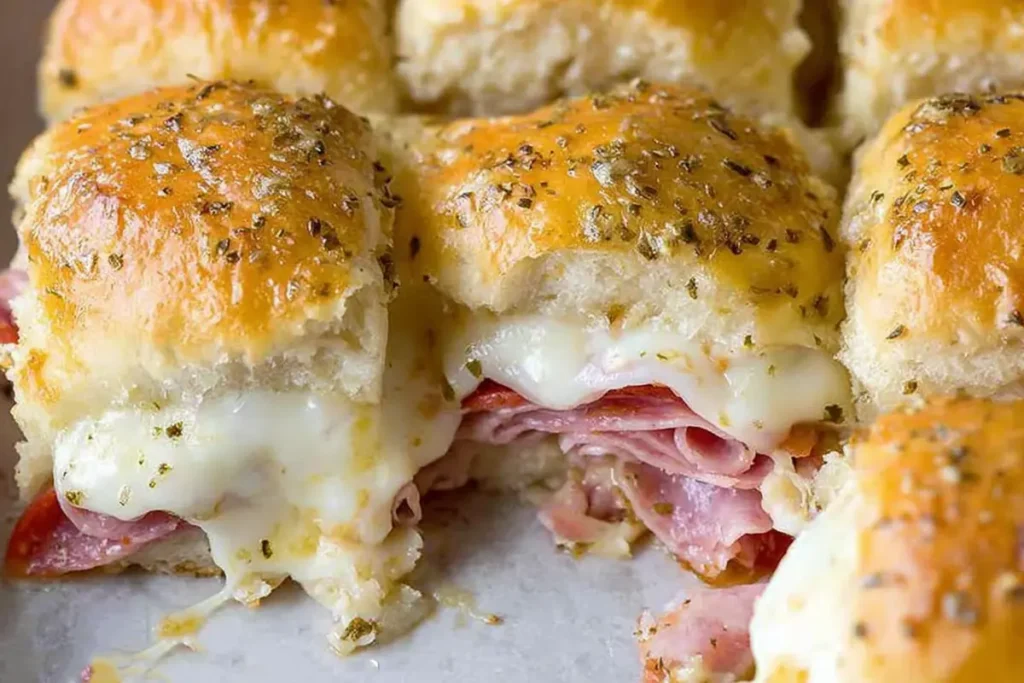 Warm Reuben sliders with corned beef Swiss cheese and sauerkraut on a platter