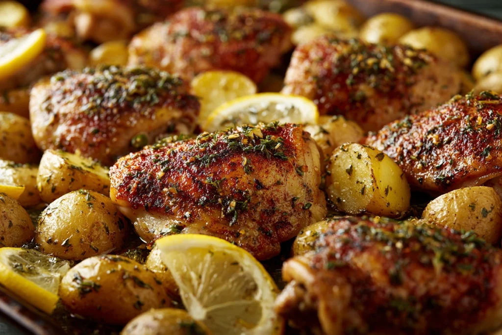Sheet Pan Chicken, Beans, and Potatoes roasting together in the oven