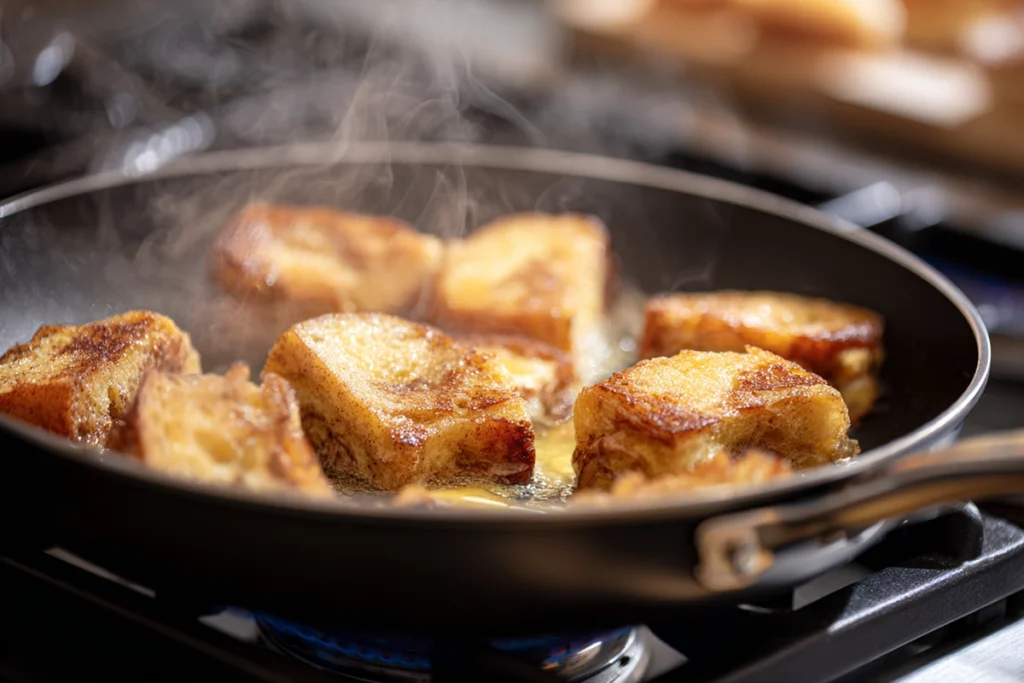 Cinnamon Roll French Toast Bites cooking until golden in a skillet