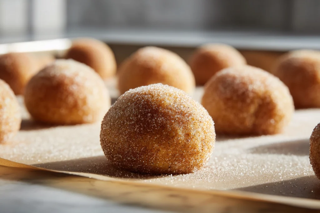 gingerbread cookie dough balls rolled in sugar before baking