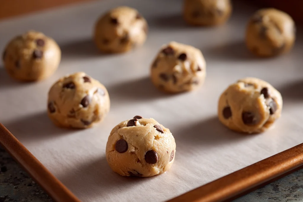rolls royce cookies dough scooped onto parchment-lined baking sheet