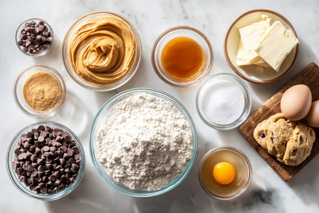 overhead image of rolls royce cookies ingredients neatly arranged in glass bowls