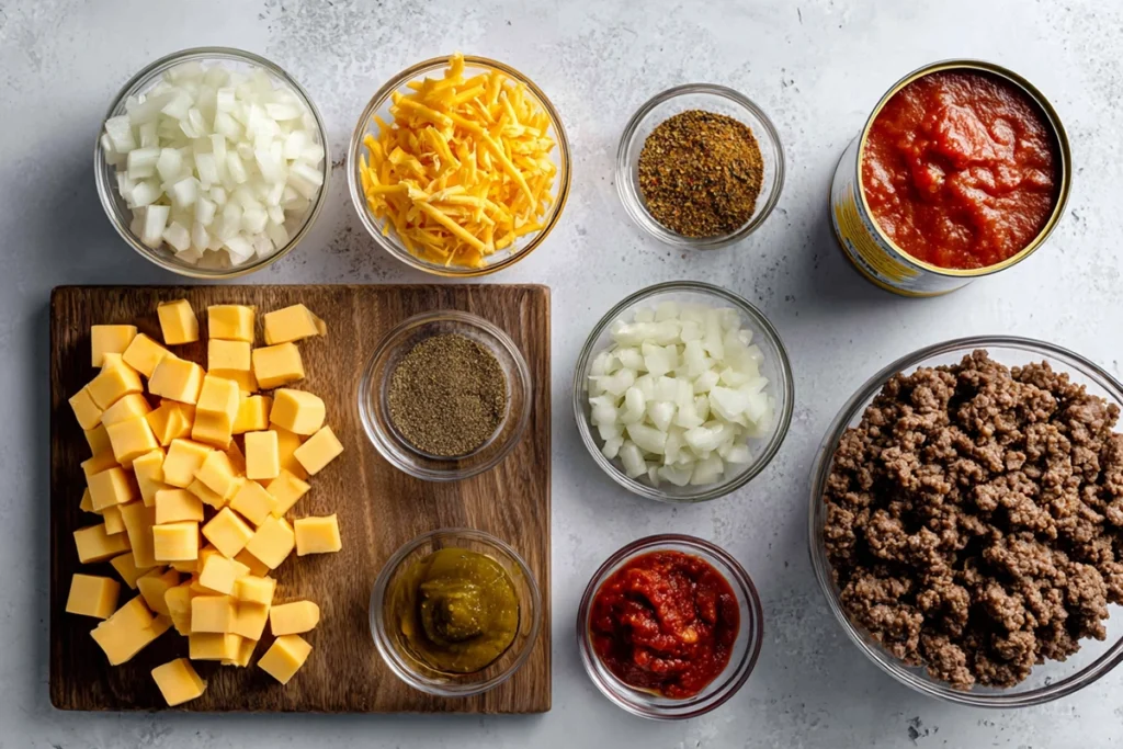 ingredients for Rotel Dip arranged neatly on a countertop