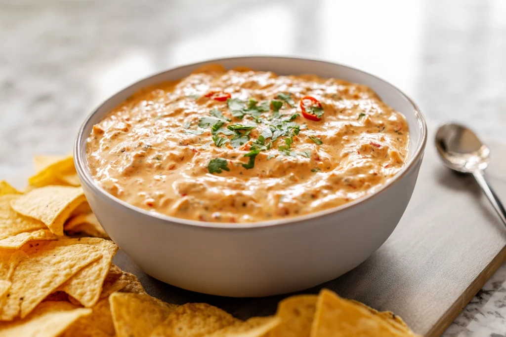 Rotel Dip served with tortilla chips in a modern kitchen