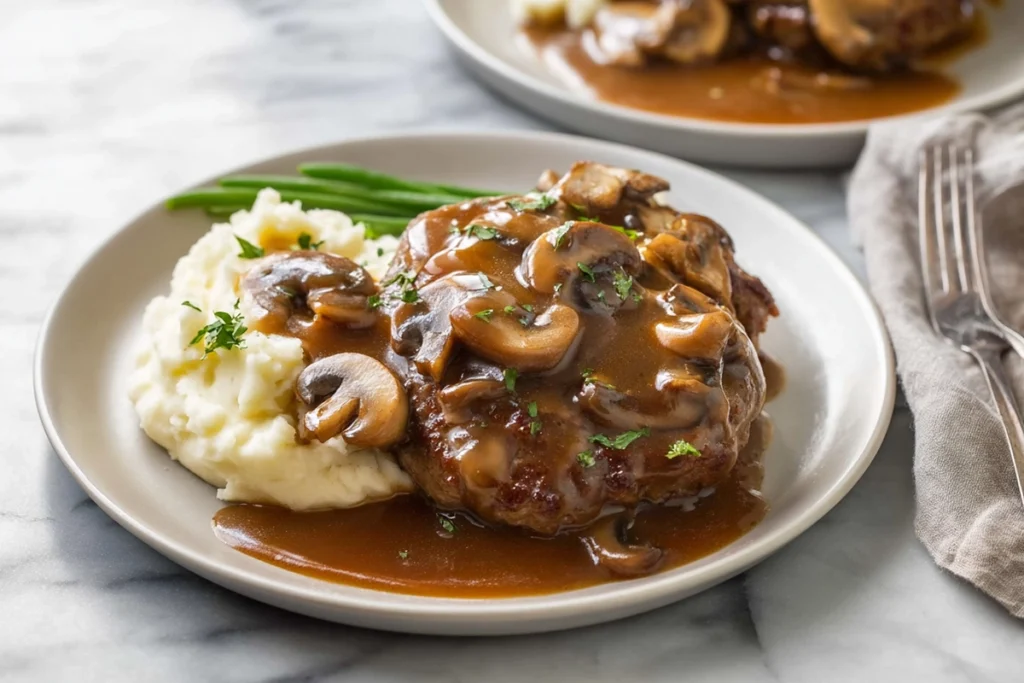 Salisbury Steak ready to serve with mashed potatoes and gravy