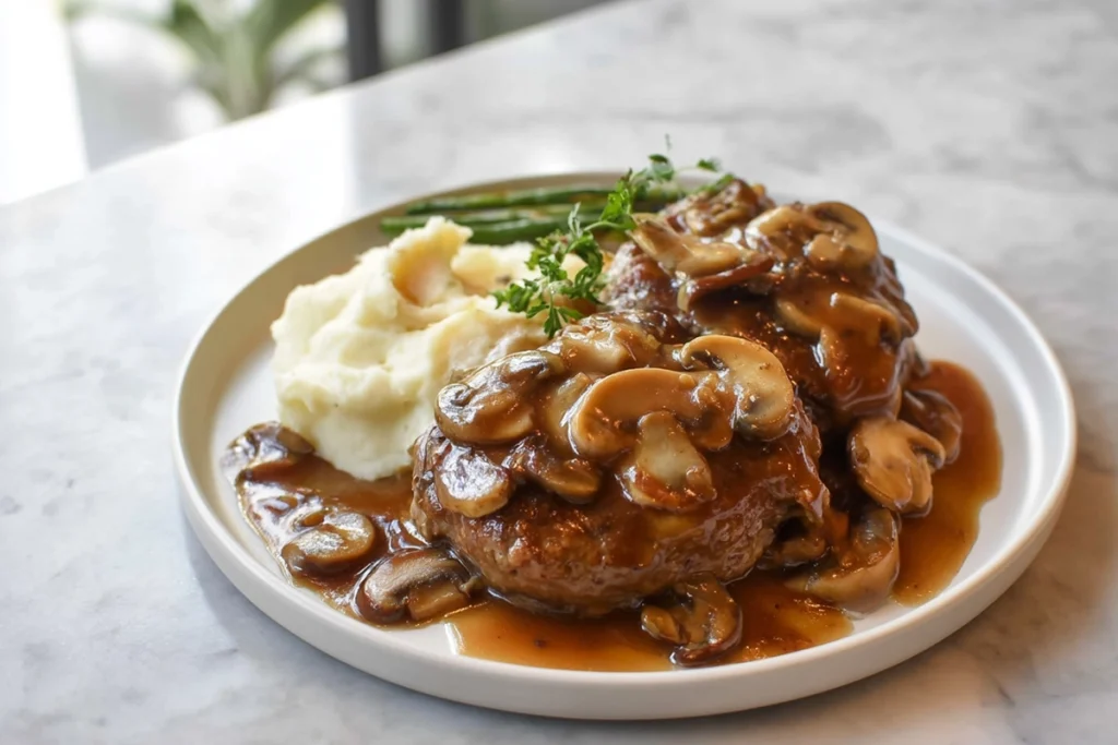 Salisbury Steak plated with rich mushroom gravy in a modern kitchen