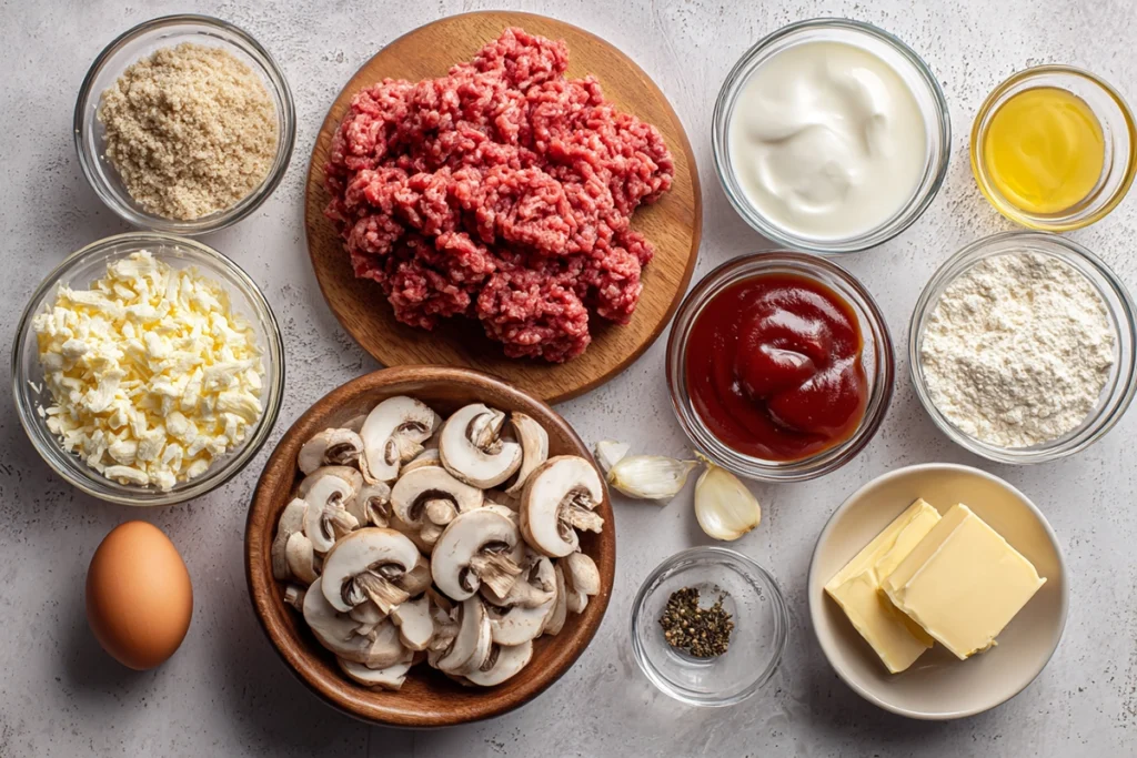 Salisbury Steak ingredients arranged neatly on a modern kitchen counter