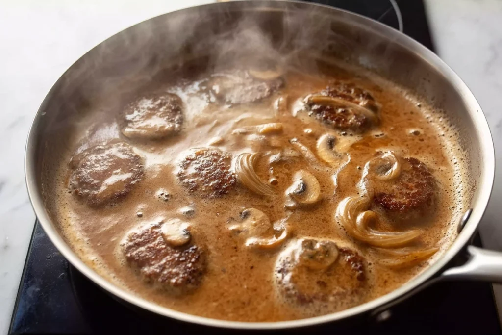 Salisbury Steak patties simmering in rich mushroom gravy