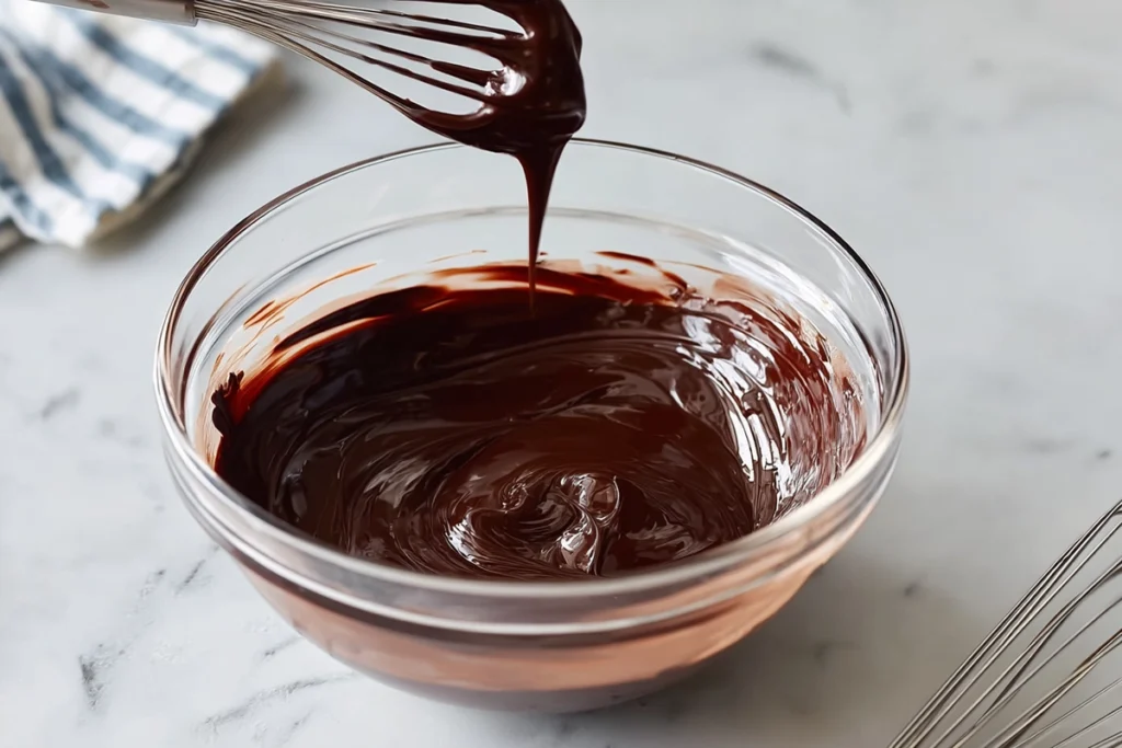 mixing the brownie base for salted brownie cookies in glass bowl