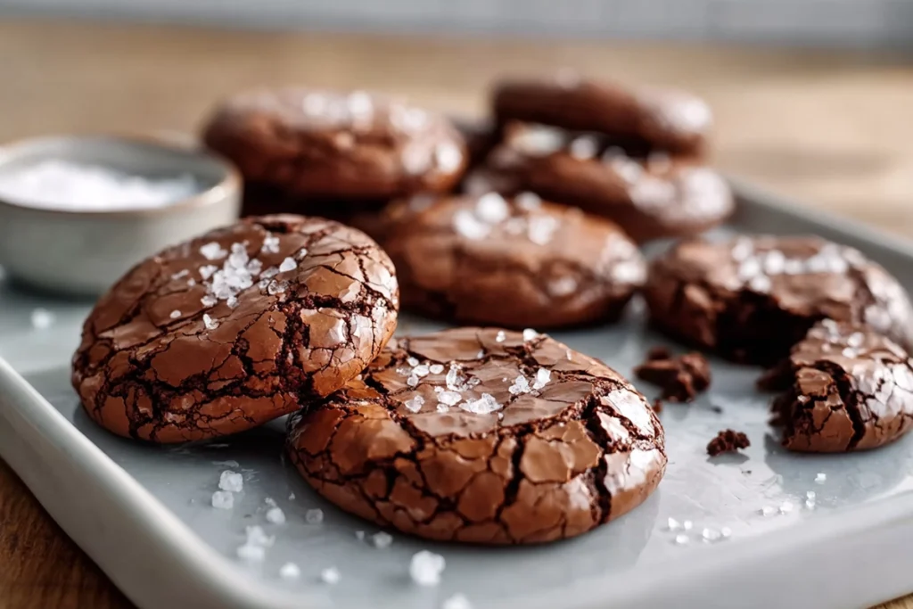 serving plate of salted brownie cookies in bright modern kitchen