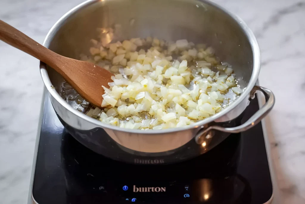 onions and garlic sautéing for broccoli cheddar soup step