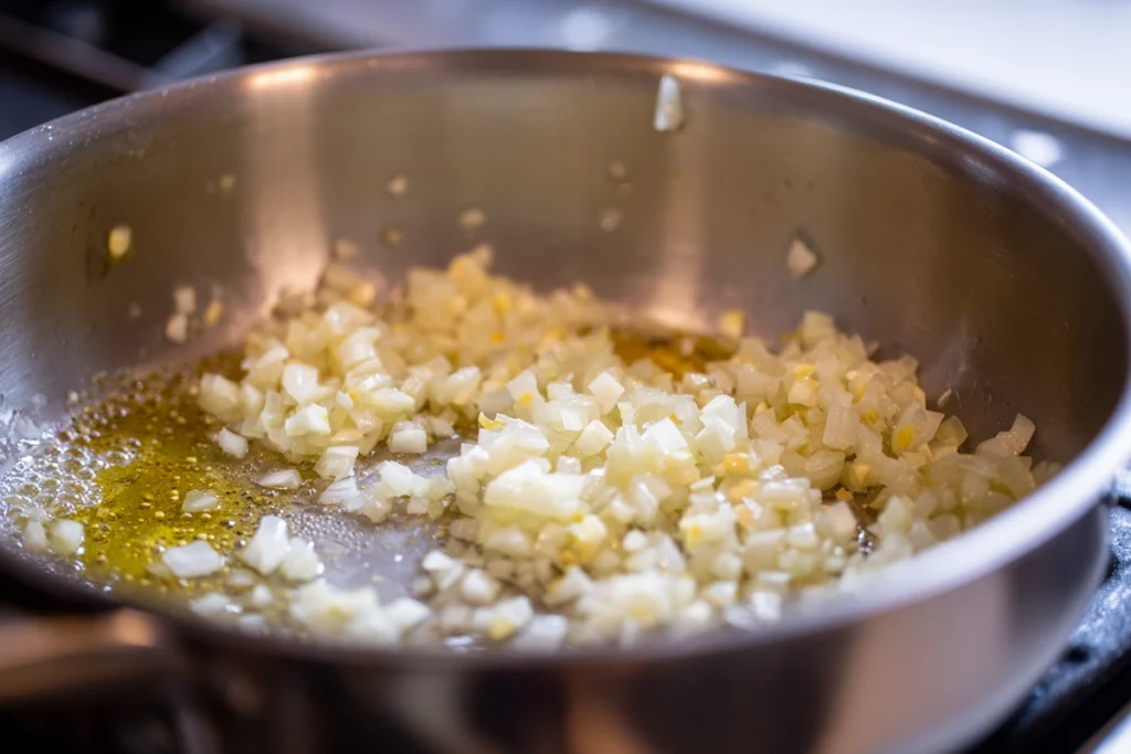 Sautéing onions and garlic for Butternut Squash Kale White Bean Soup in natural light
