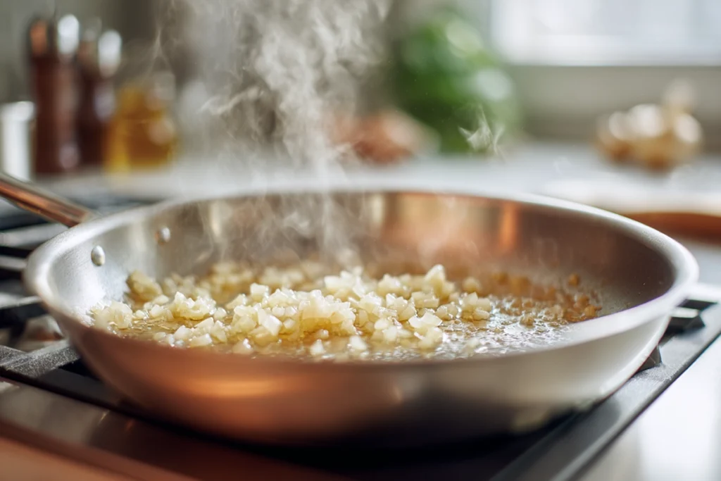 sautéing onions garlic and ginger in butter for quick butter chicken in modern kitchen