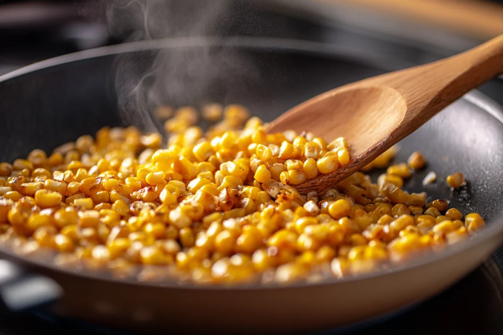 Corn and onions sautéing in a skillet for Mexican street corn dip