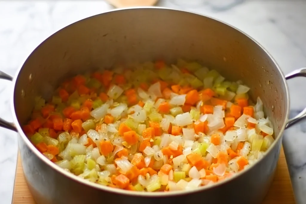 sautéed vegetables step for creamy chicken rice soup in stainless pot