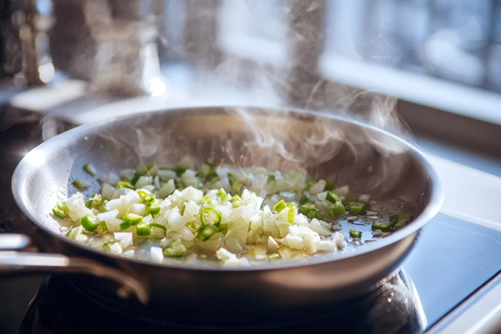 Aromatics sautéing in a stainless pan as the first step of White Chicken Chili